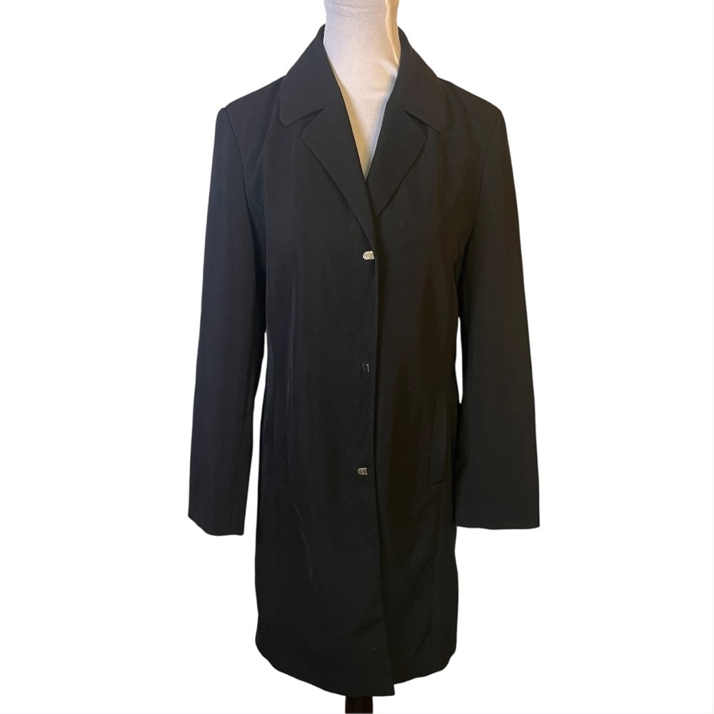 PIZAZZ Womans Black Snap Button Overcoat Sz 5/6 Minimalist Dress Coat Belted Bac - Picture 2 of 13